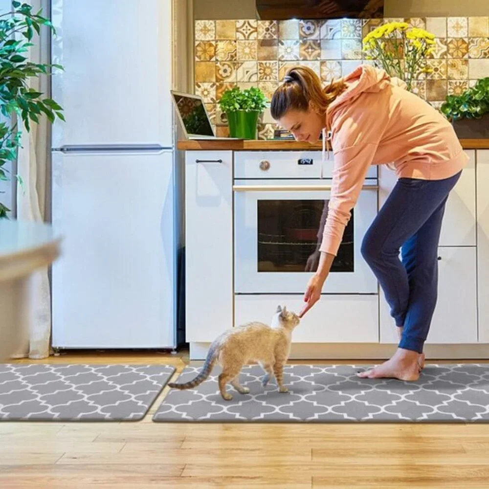 New 2Pcs Cushioned Anti-Fatigue Kitchen Mats, Waterproof Non-Slip PVC Rugs, Grey